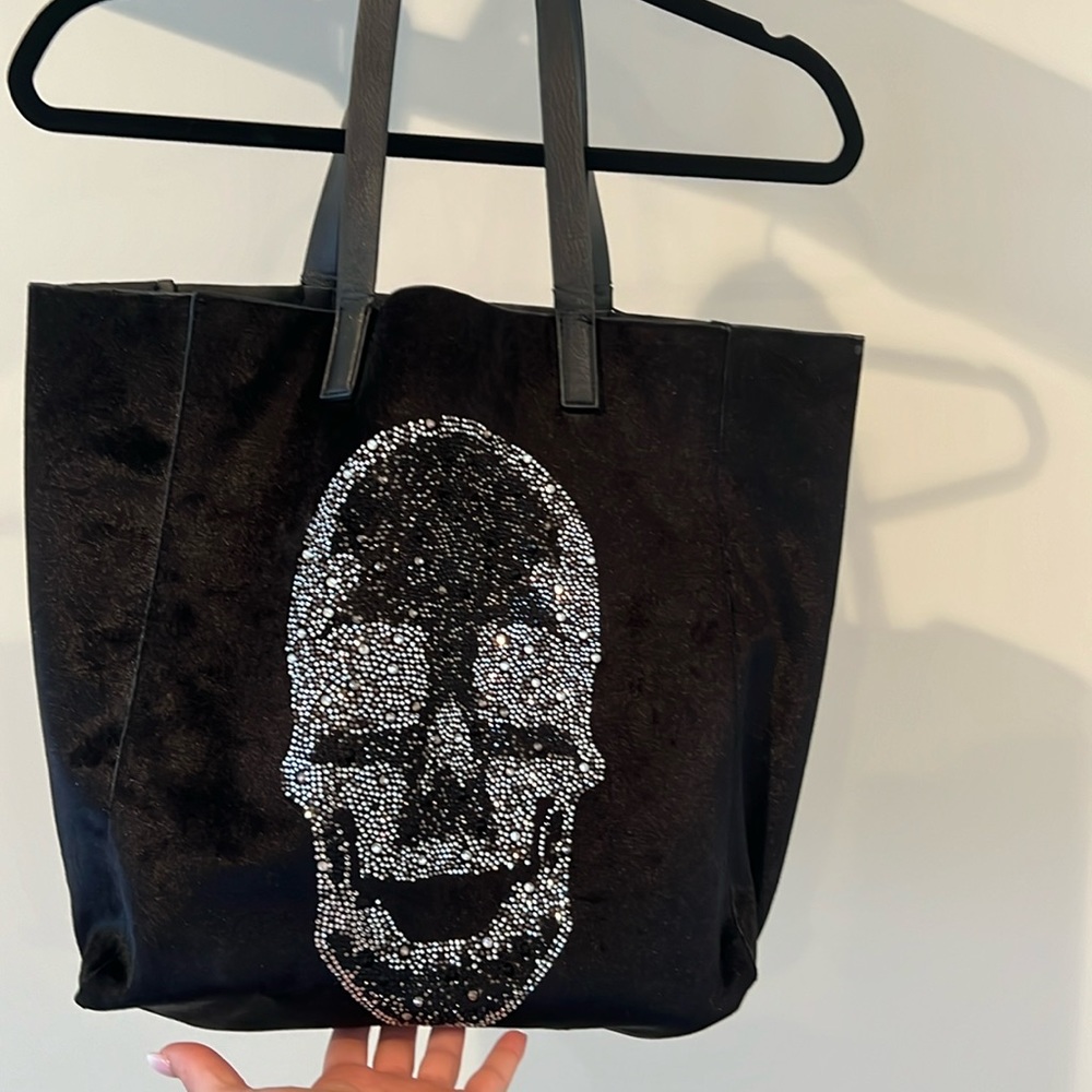 AH!DORNED Rhinestone Skull Tote Black Velvet